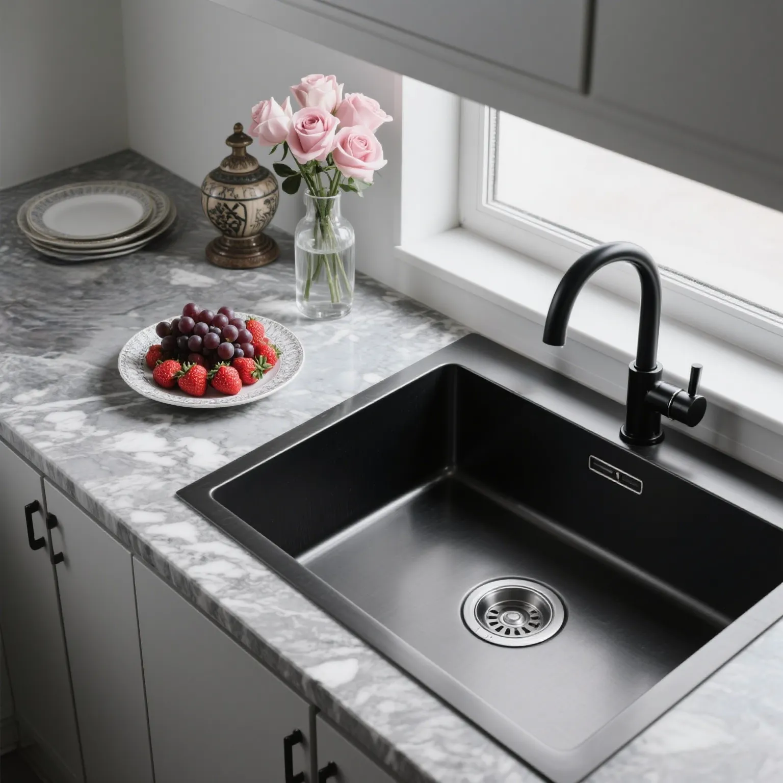 Minimalist black kitchen island with rectangular stainless steel sink, silver faucet, bright windows, white walls, and small plant decoration